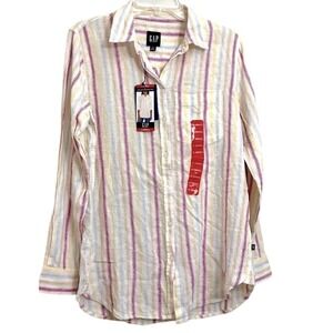 Gap Long Sleeve Linen Blend Button Down Shirt Womens XS Dotted Sun Stripe NWT